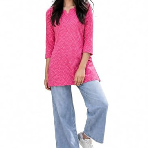 Short Kurti Top,Cotton Blend Casual Ethnic Kurta for Women , pink