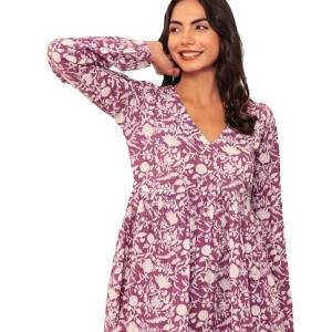 Cotton V Neck Anarkali Short Kurti for Women Full Sleeve Floral Print  Purple