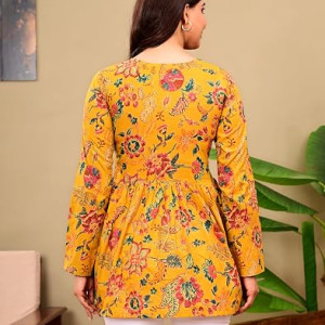 Cotton V Neck Anarkali Short Kurti for Women Full Sleeve Floral Print , Yellow